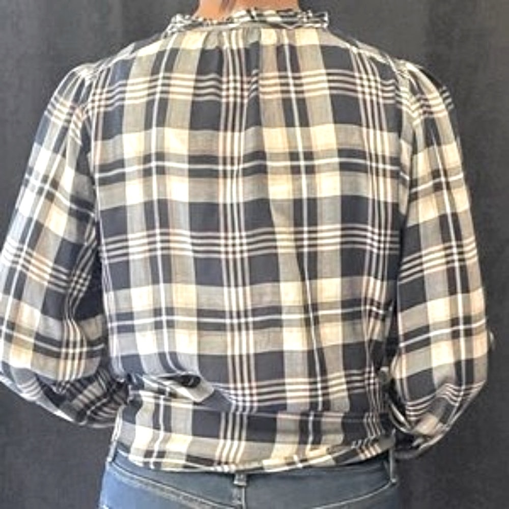Loft plaid ruffled neck and sleeve top - Picture 2 of 4